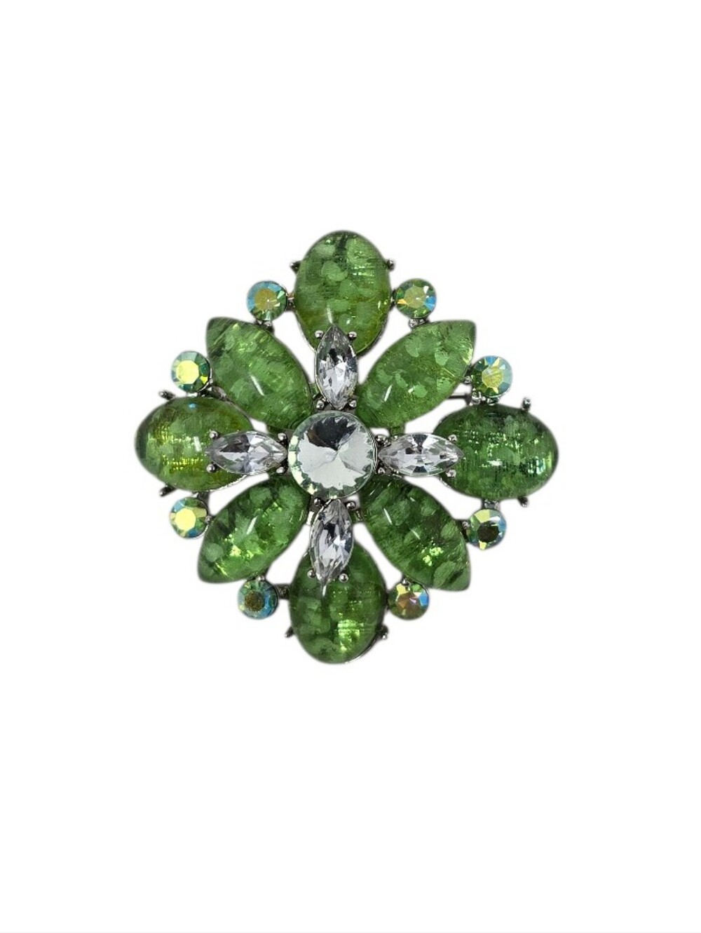 Vintage Green Rhinestone Flower Brooch Pendant Convertible Silver Tone 2"